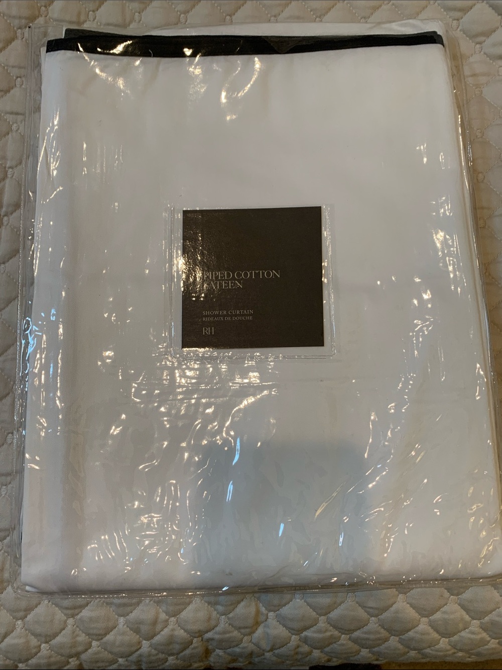 Restoration Hardware White Shower Curtain with Black Trim